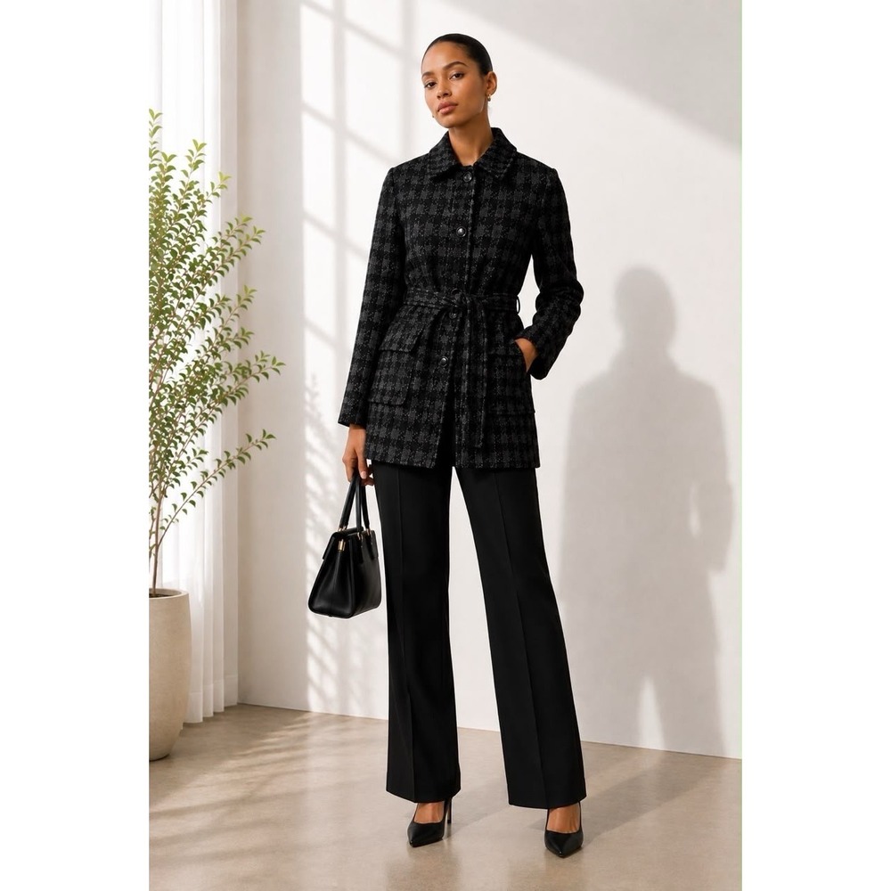 Cynthia Rowley Women's Black Houndstooth Wool Blend Belted Winter Coat Jacket - Picture 8 of 10